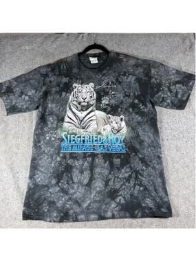 Vintage 90s Siegfried & Roy Shirt Men Large Gray White Tiger Tie Dye Graphic Tee
